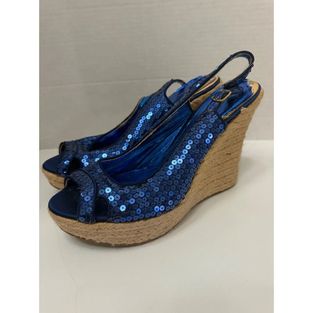 Zigisoho Blue Sequin Espadrille Wedge Sandals Slingback Peep Toe Platform Shoes